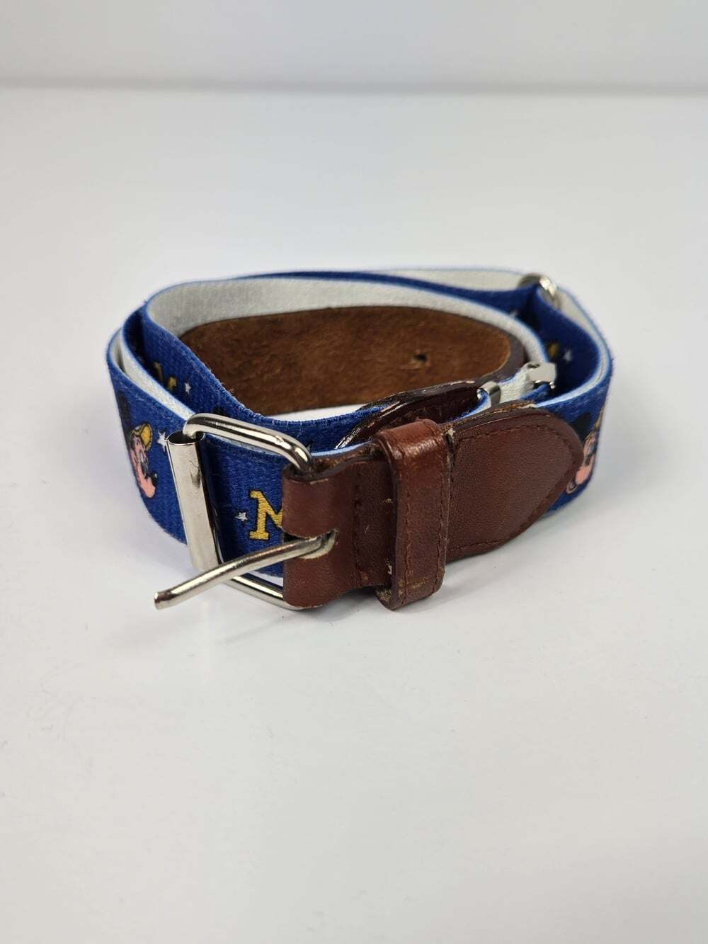 Vintage Disney Mickey Mouse Kids Adjustable Belt Blue Leather Trim Collegiate